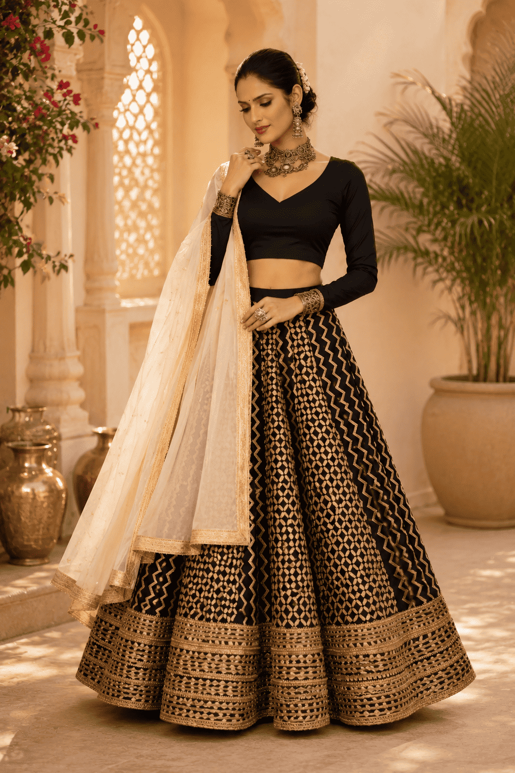 Black cotton silk blouse with ivory geometric printed gota lace lehenga paired with an ivory embroidered organza dupatta