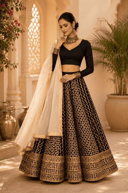 Black cotton silk blouse with ivory geometric printed gota lace lehenga paired with an ivory embroidered organza dupatta