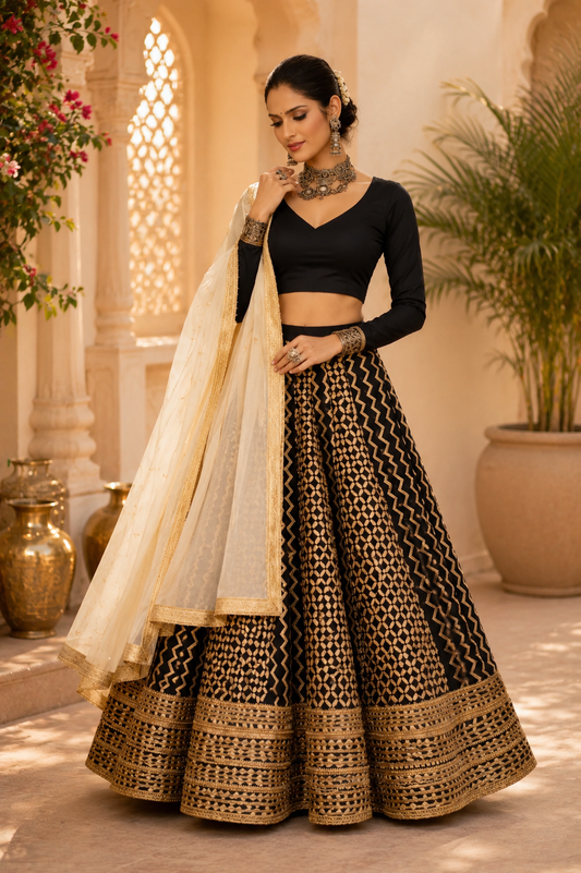 Black cotton silk blouse with ivory geometric printed gota lace lehenga paired with an ivory embroidered organza dupatta