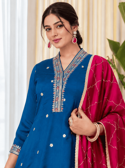 Teal Silk Blend Embroidered Kurta Pant and Dupatta Set