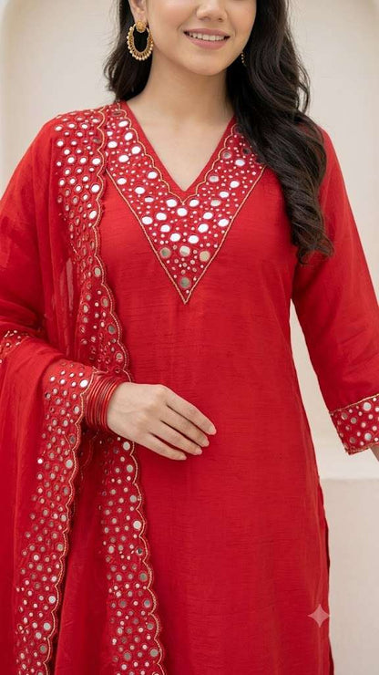 Red Embroidered Roman Glass Silk Kurta Pant and Dupatta