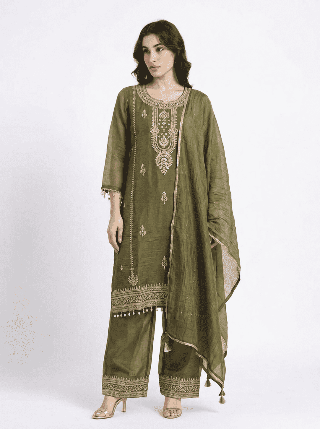 Mehendi Green Embroidered Chinon Kurta Pant and Dupatta