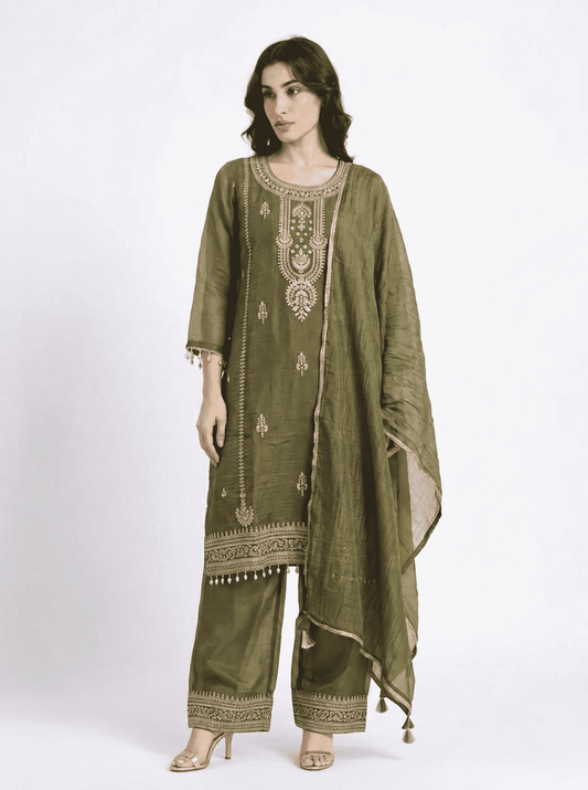 Mehendi Green Embroidered Chinon Kurta Pant and Dupatta