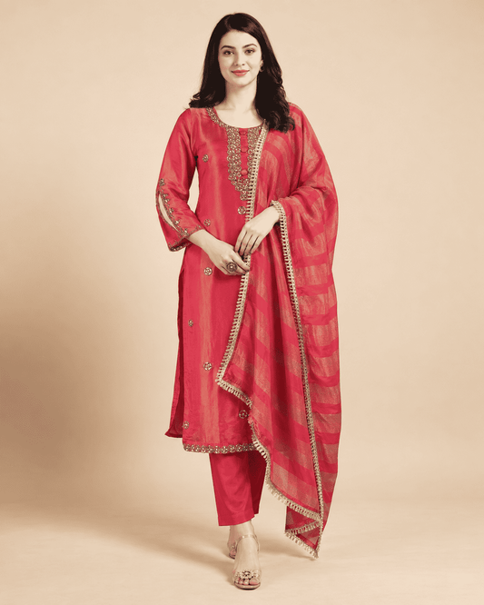 Rani Pink Embroidered Tissue Shimmer Kurta Pant and Dupatta
