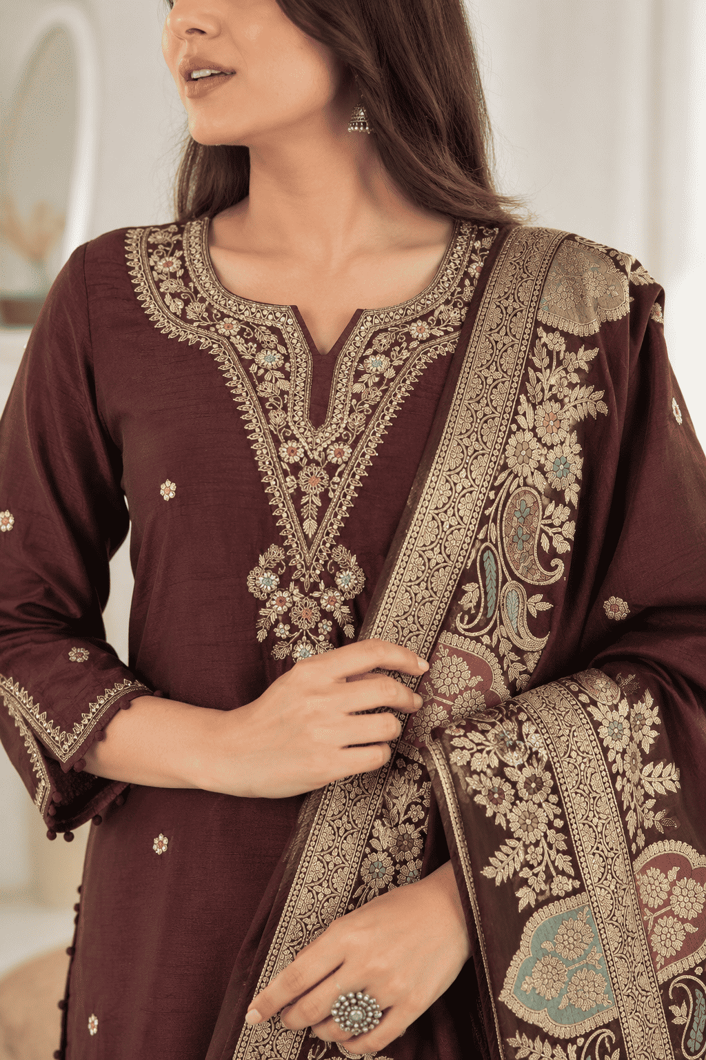 Wine Embroidered Dola Silk Kurta and Pant with dupatta