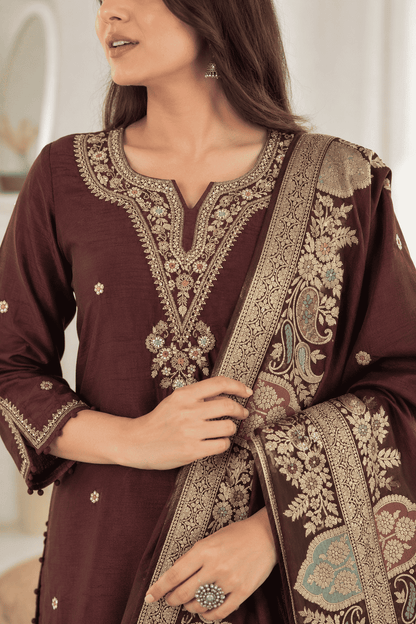 Wine Embroidered Dola Silk Kurta and Pant with dupatta
