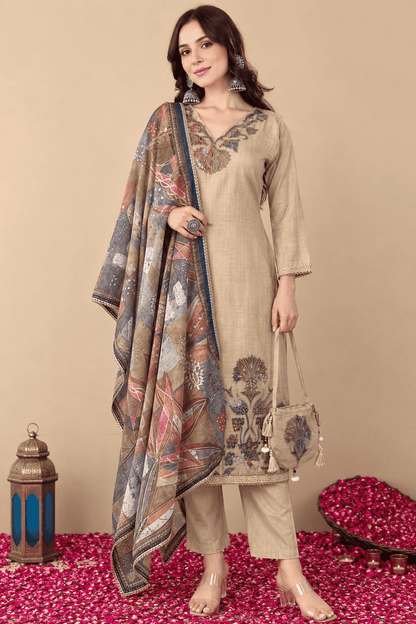 Beige Jamdani Cotton Kurta and Pant With Dupatta