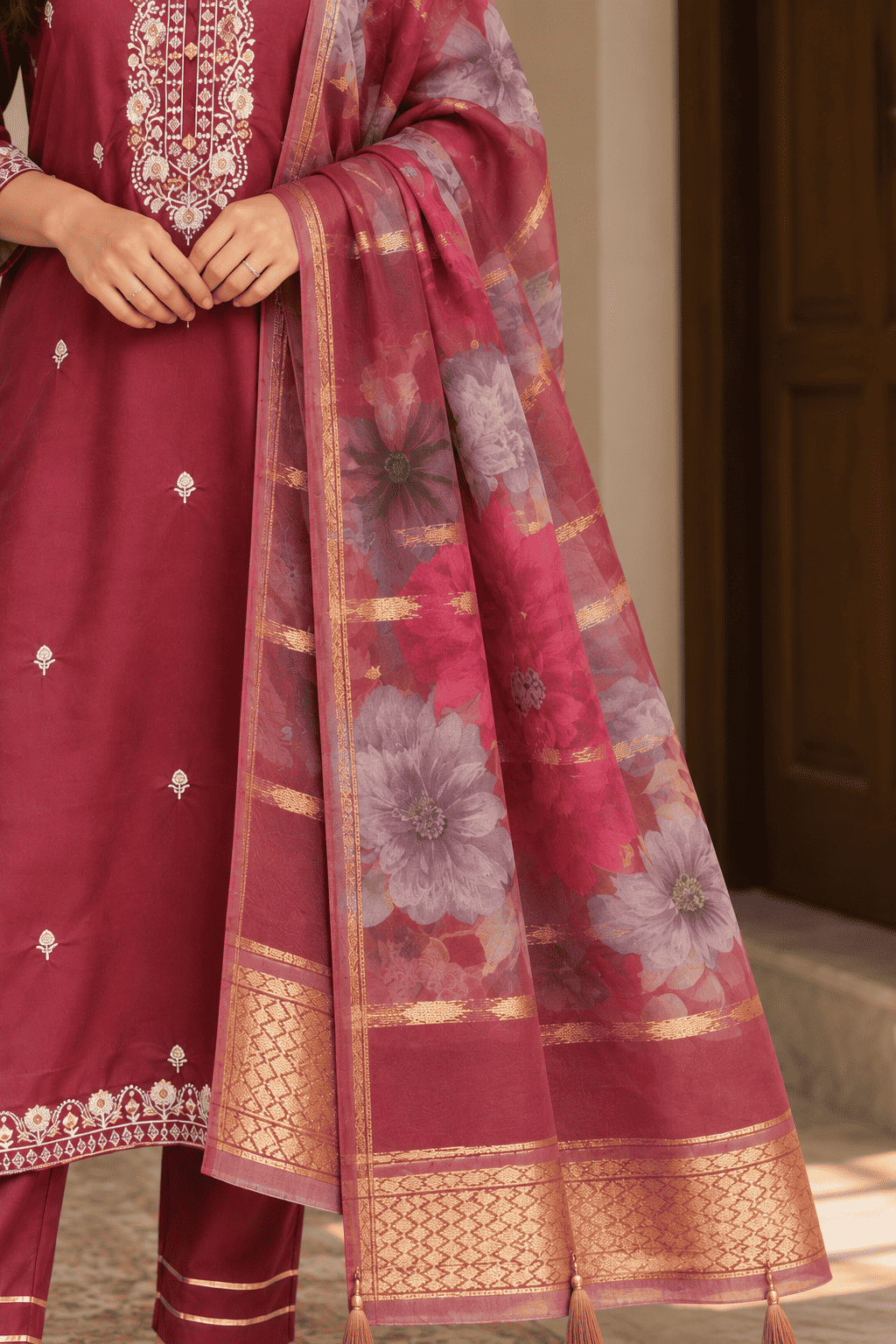 Purple Viscose Roman Silk Embroidered Kurta Pant and Dupatta Set