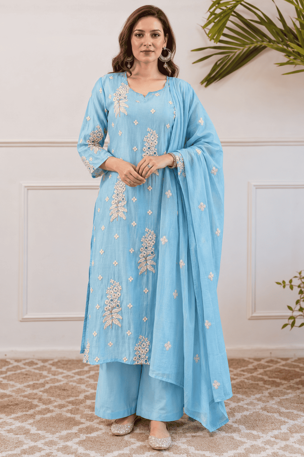 Sky Blue Floral Embroidered Mul Chanderi Kurta and pant with Dupatta