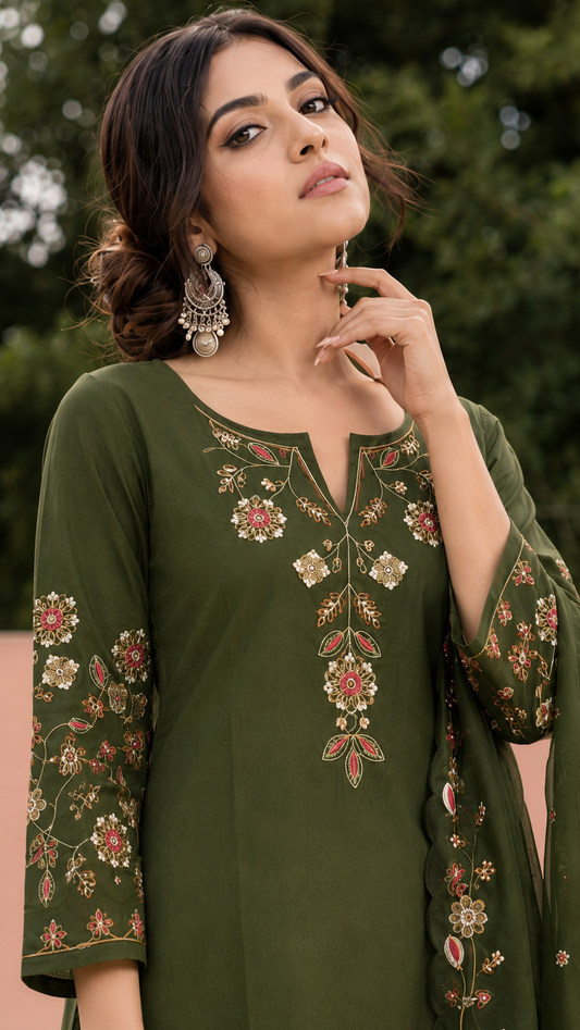 Mehendi Green Silk Blend Embroidered Kurta and Pant with Dupatta
