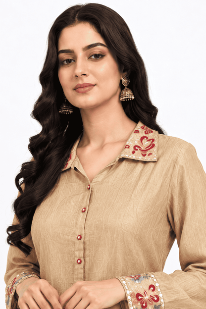Champagne Beige Embroidered Chinon Kurta Pant Set