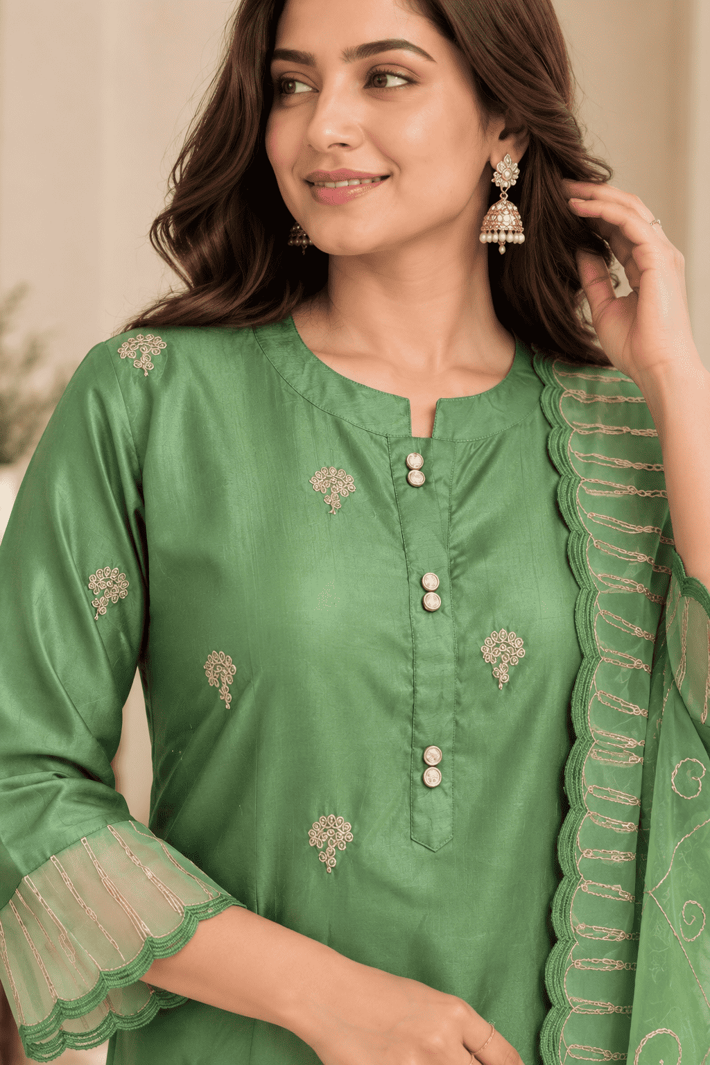 Green Silk Blend Embroidered Kurta Pant and Dupatta Set