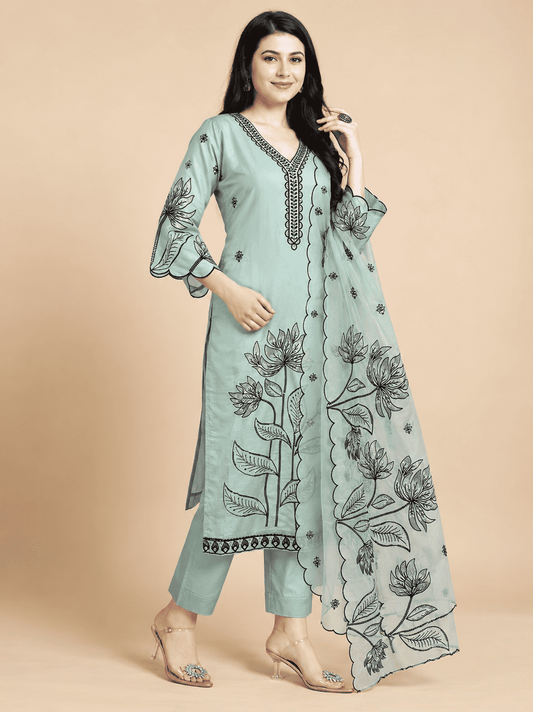 Sage Green Embroidered Roman Silk Kurta Pant and Dupatta