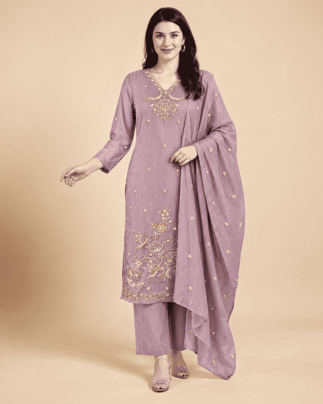 Lavender Embroidered Silk Blend Kurta Pant and Dupatta