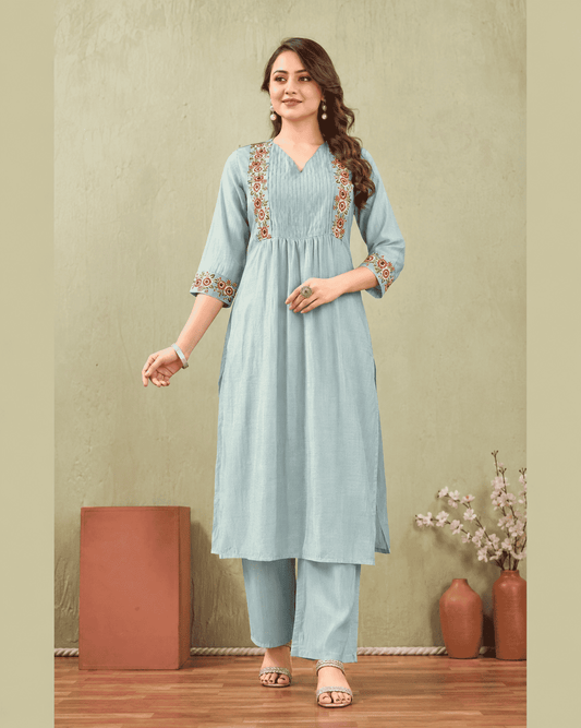 Powder Blue Floral Embroidered Cotton Blend Kurta Pant Set