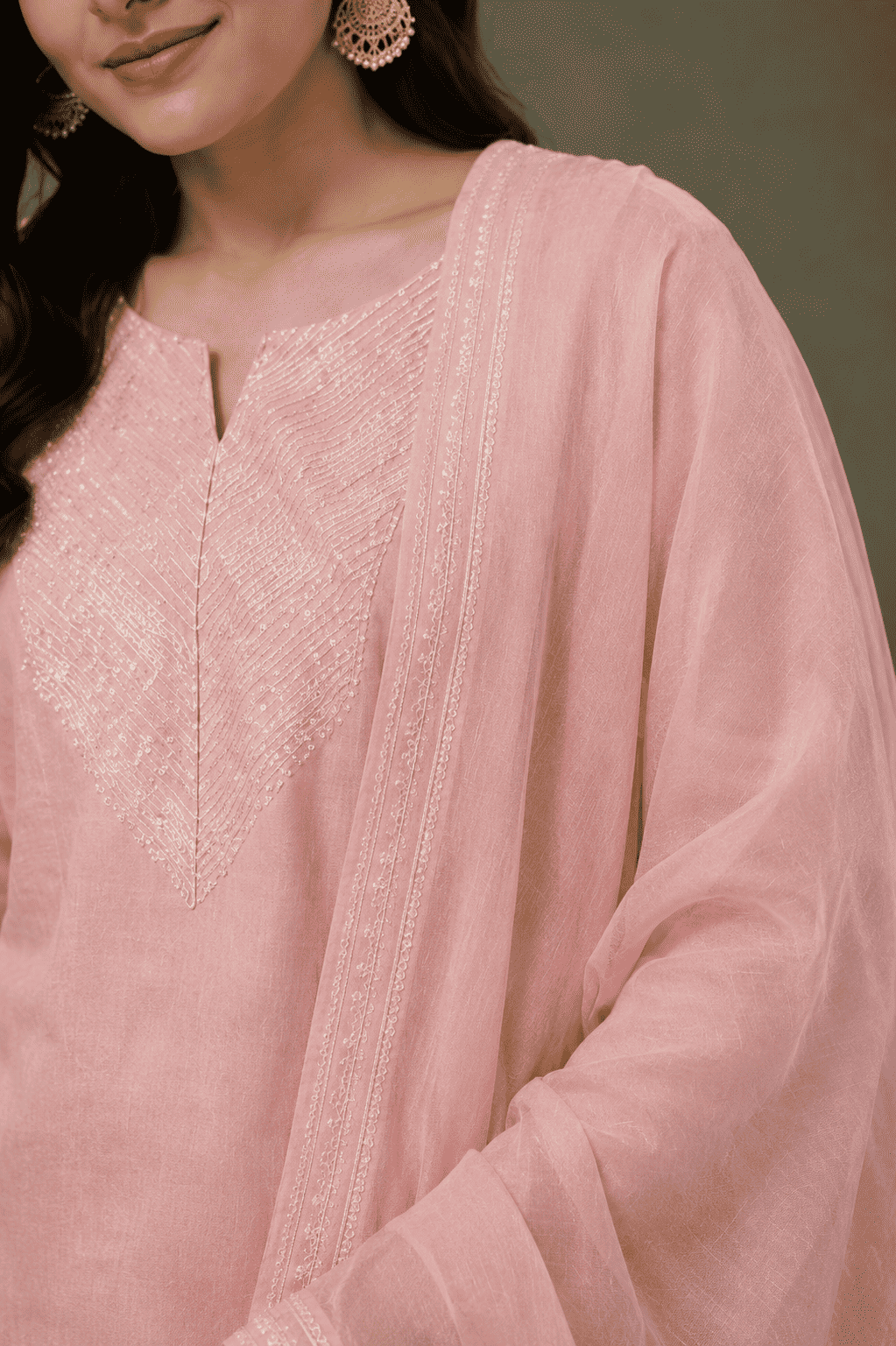 Blush Pink with gota work malmal Cotton Kurta Pant Set with dupatta