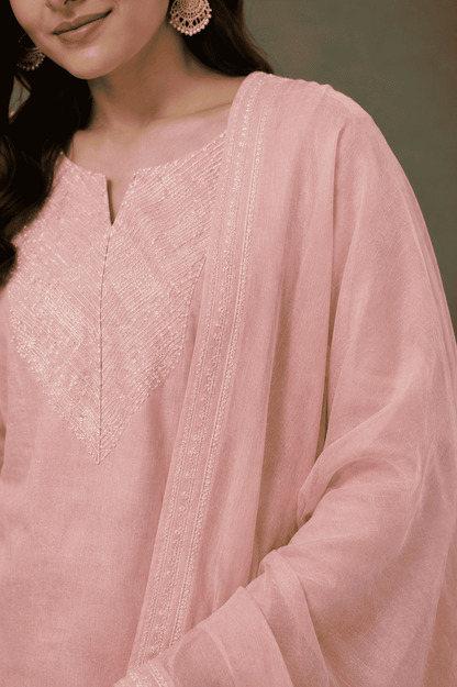 Blush Pink with gota work malmal Cotton Kurta Pant Set with dupatta