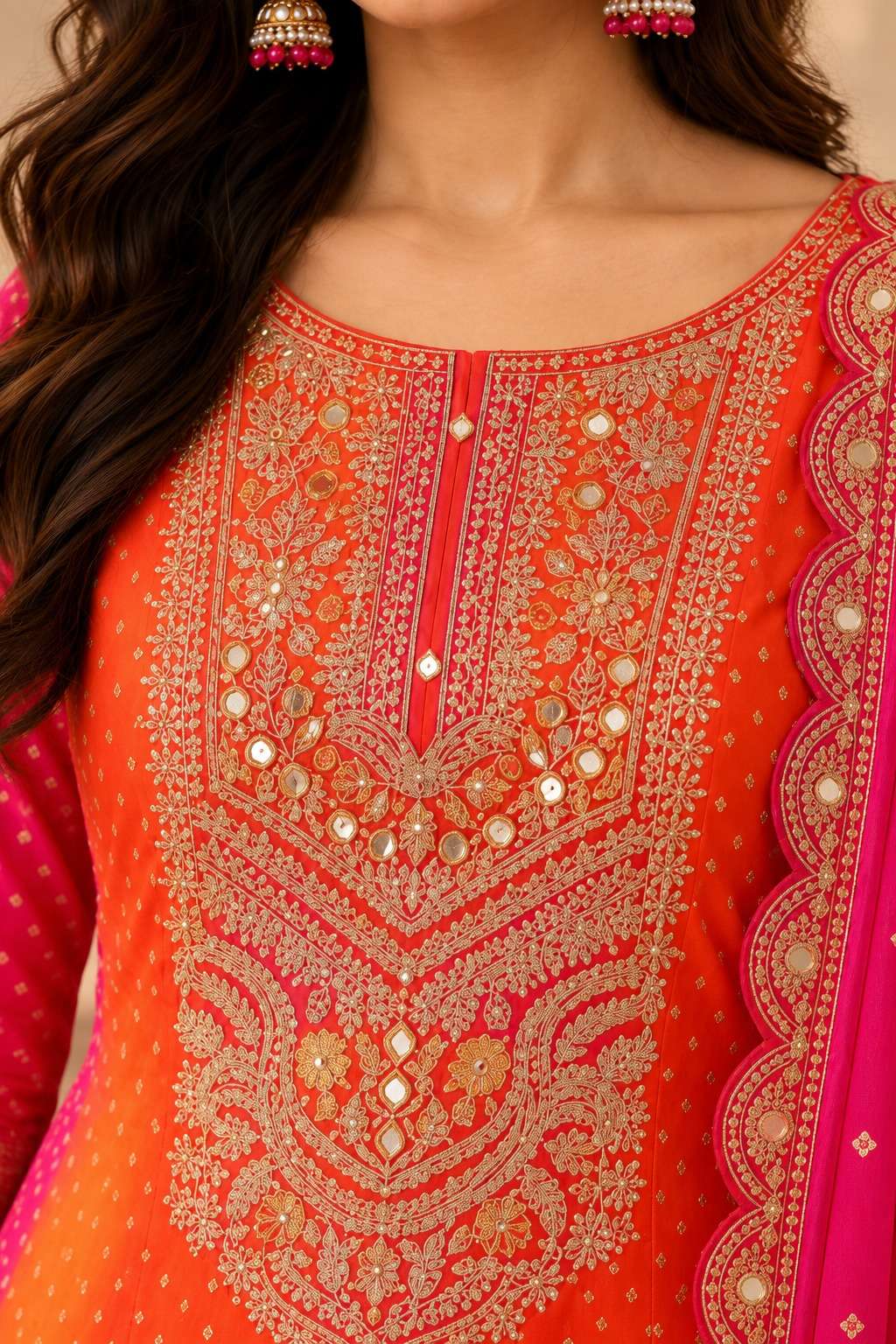 Orange Chinon Bandhani Kurta Set With Intricate Embroidery Paired With Fuchsia Pink Dupatta