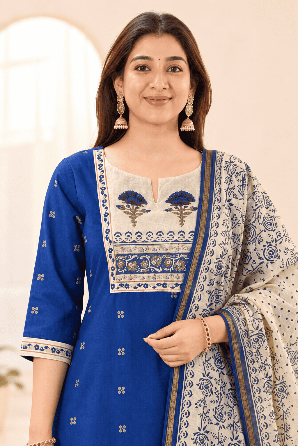 Blue Printed Cotton Kurta and pant with dupatta