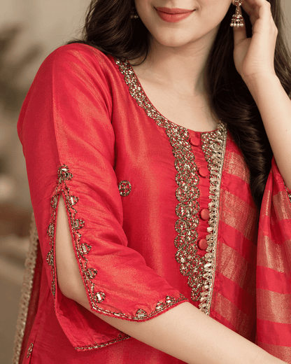 Rani Pink Embroidered Tissue Shimmer Kurta Pant and Dupatta