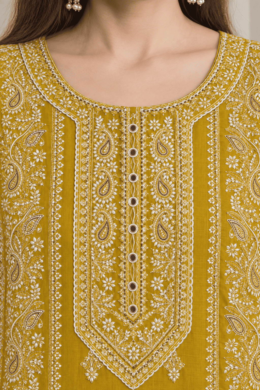 Mustard Embroidered Cotton Kurta Pant and Dupatta