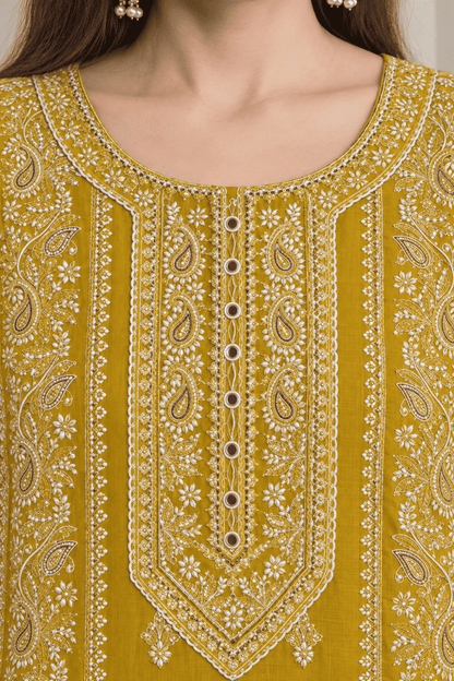 Mustard Embroidered Cotton Kurta Pant and Dupatta