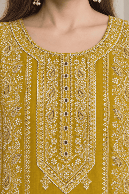 Mustard Embroidered Cotton Kurta Pant and Dupatta