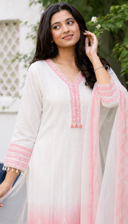 Ivory & Blush Pink Mul Chanderi Ombre Shaded Kurta and Pant with Dupatta