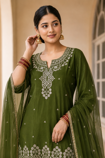 Mehendi Green Rangoli Crush Embroidered Kurta and Wide Palazzo with Dupatta