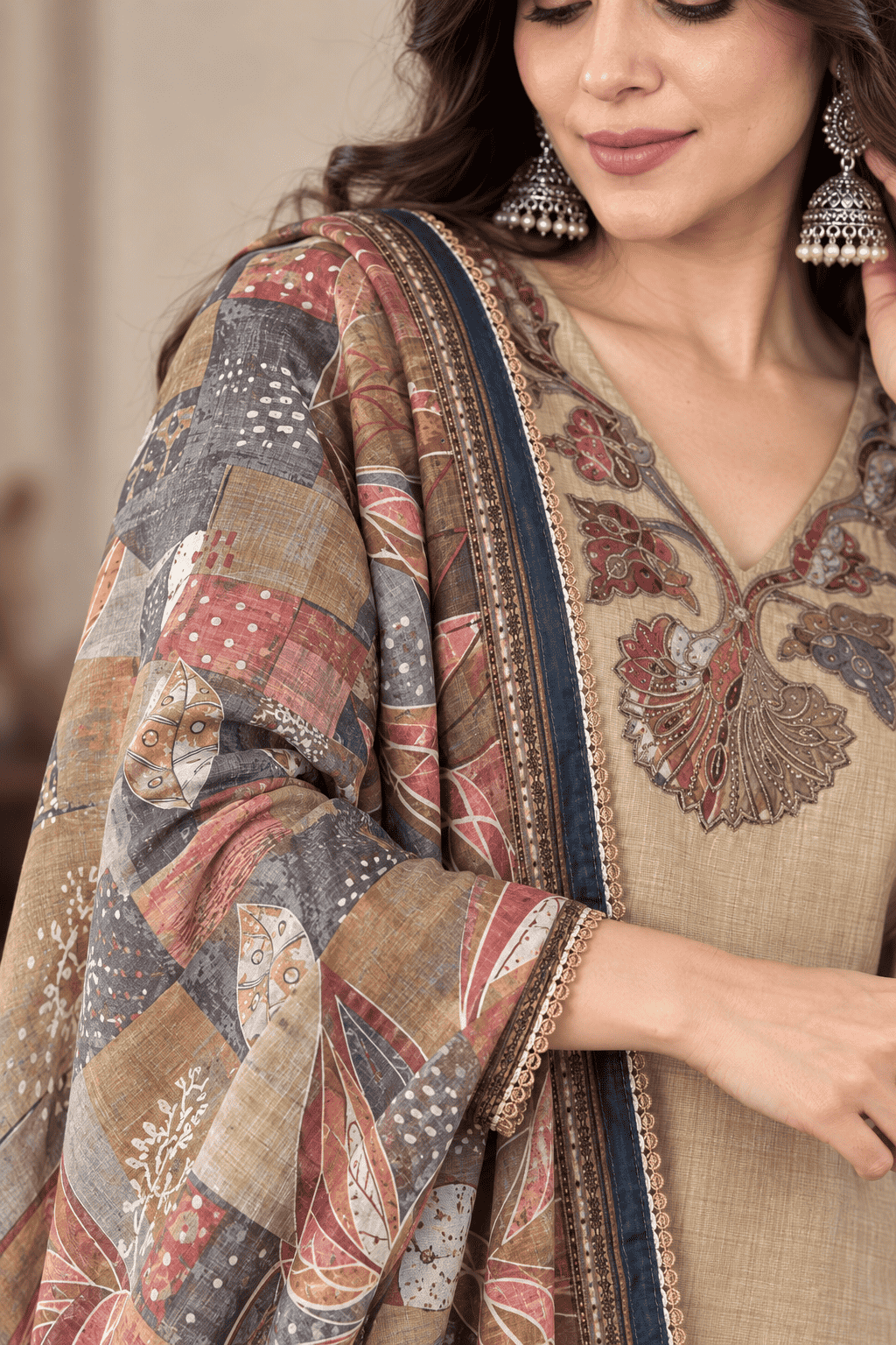Beige Jamdani Cotton Kurta and Pant With Dupatta