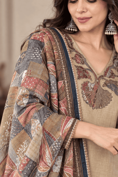 Beige Jamdani Cotton Kurta and Pant With Dupatta