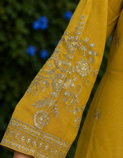 Yellow Silk Blend Embroidered Kurta and Palazzo with Dupatta