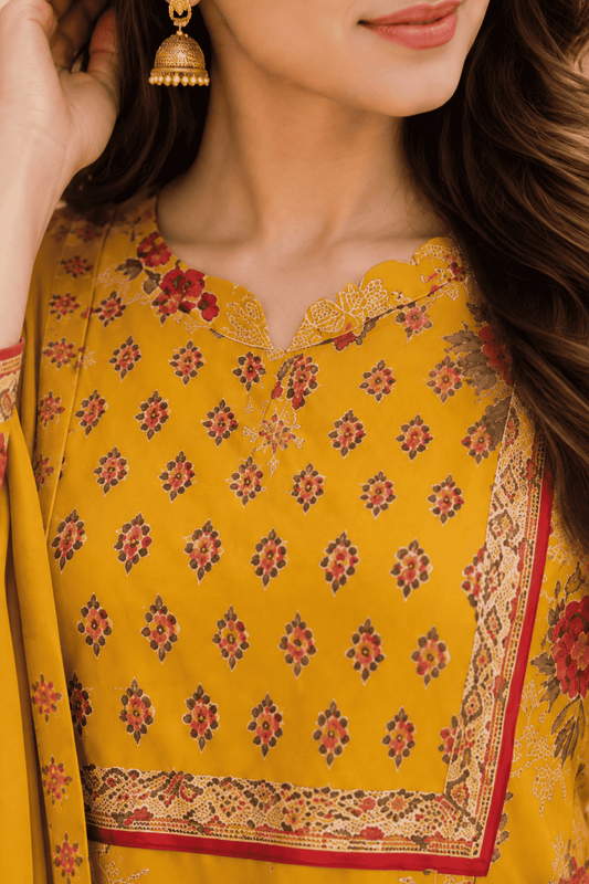 Mustard Yellow Cotton Blend Printed Anarkali Kurta and Pant with Dupatta