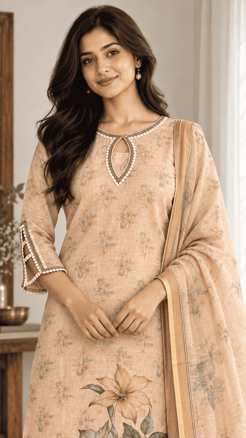 Peach Floral Printed Linen Kurta Pant and Dupatta