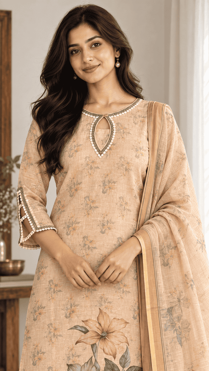 Peach Floral Printed Linen Kurta Pant and Dupatta