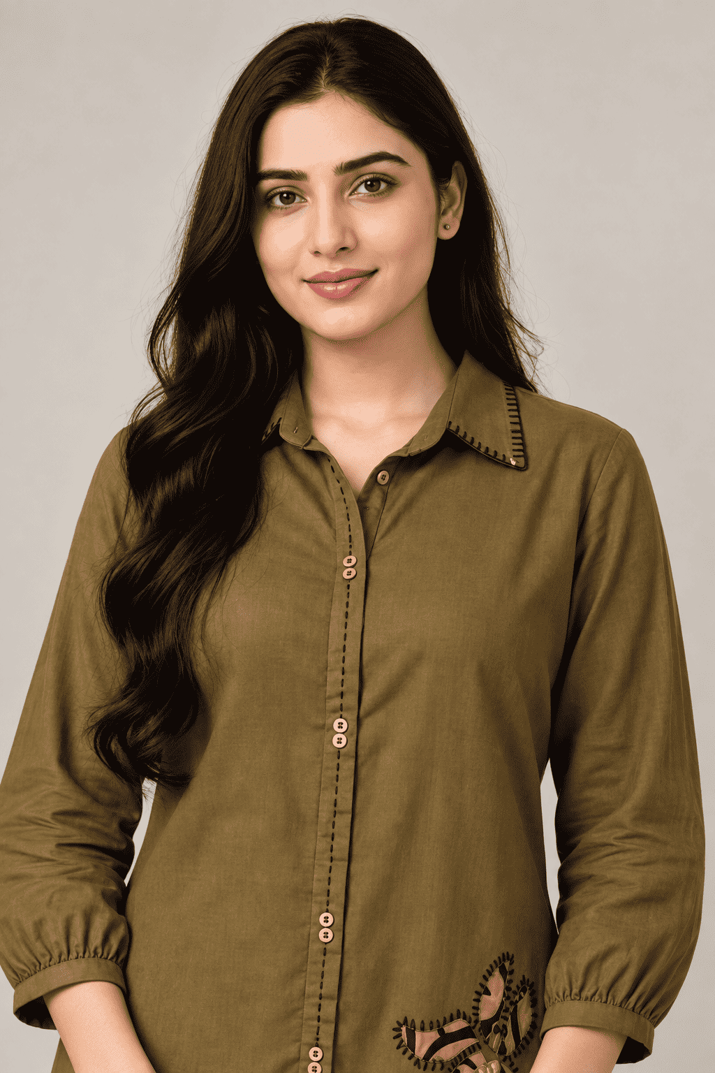 Mehendi Brown Cotton Kurta With Patchwork and Printed Pant Set