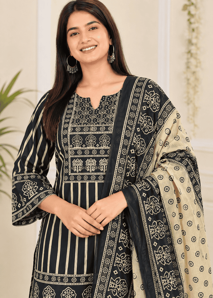 Dark Blue and Ivory Cotton Blend Kurta Pant and Dupatta