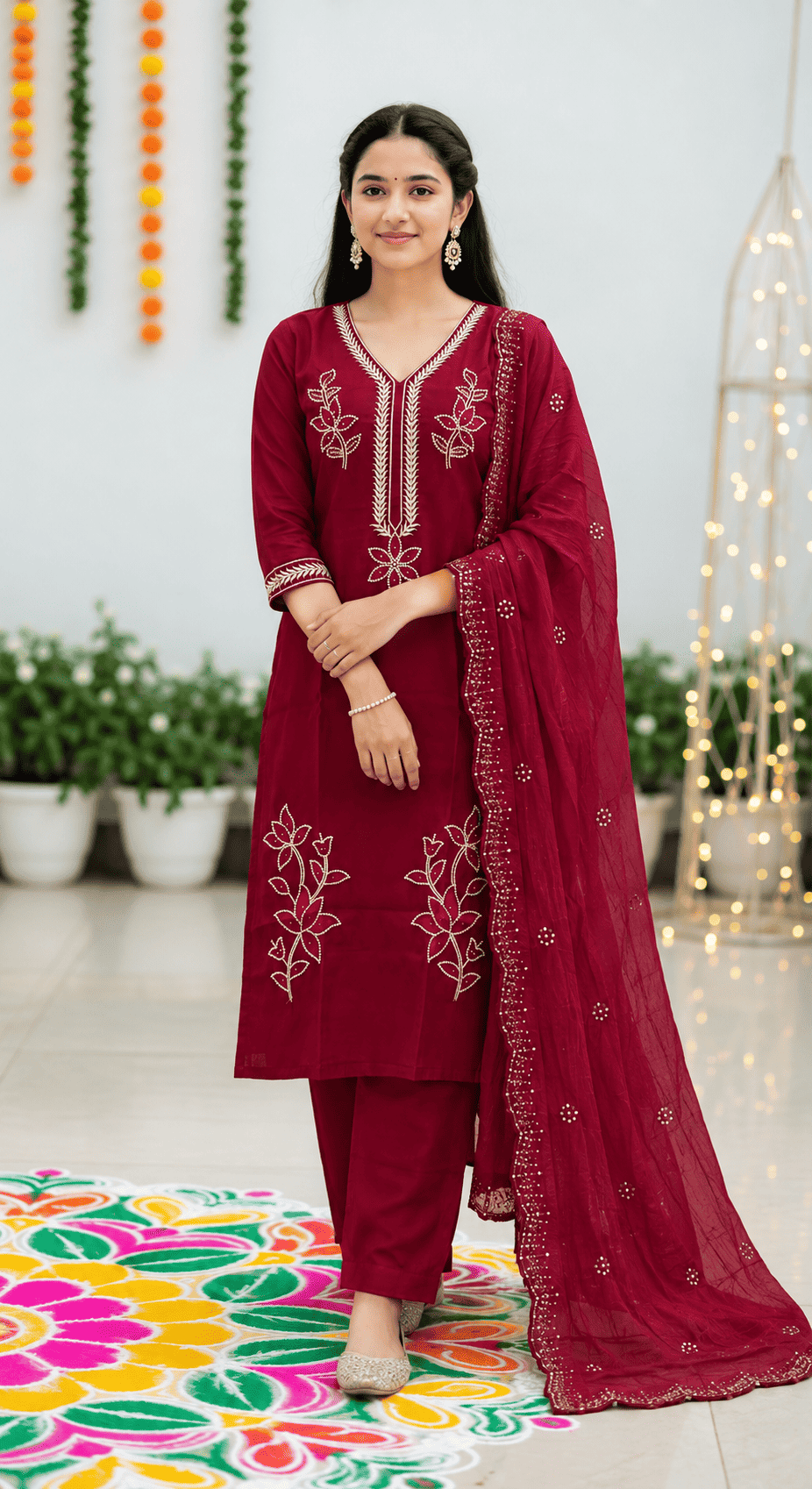Magenta Embroidered Cotton Blend Kurta Pant and Dupatta