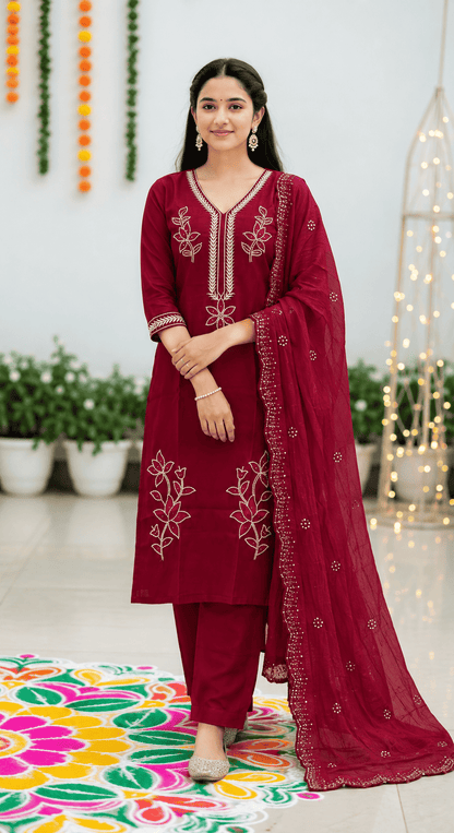 Magenta Embroidered Cotton Blend Kurta Pant and Dupatta