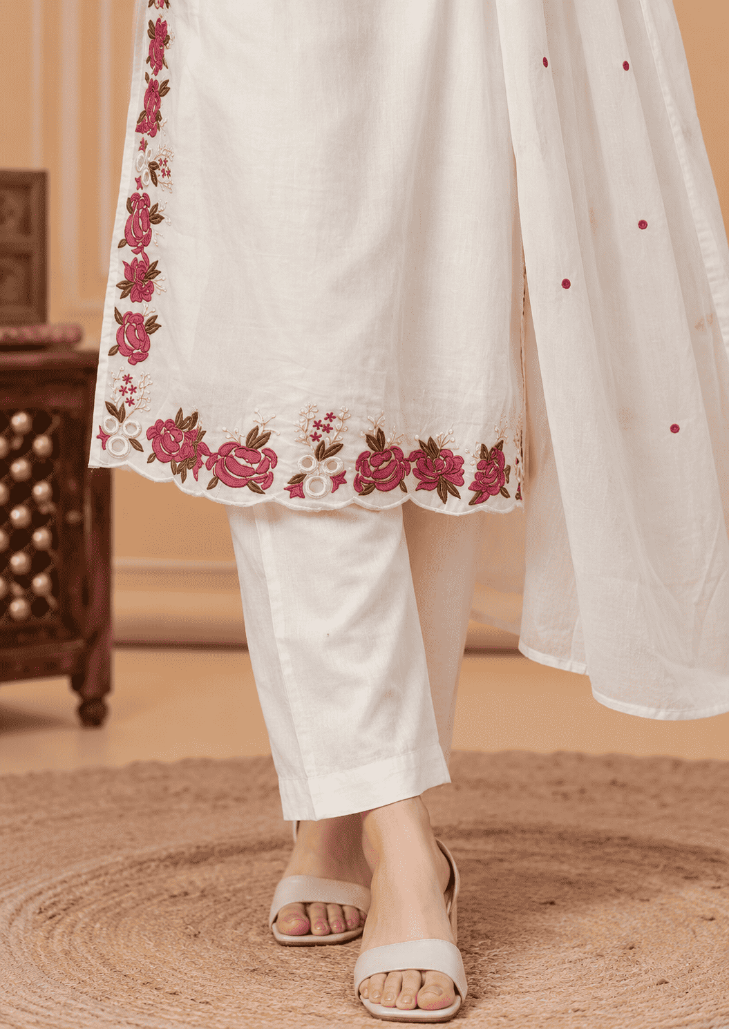 White Emboridered Cotton Blend Kurta Pant and Dupatta