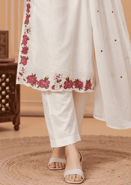 White Emboridered Cotton Blend Kurta Pant and Dupatta