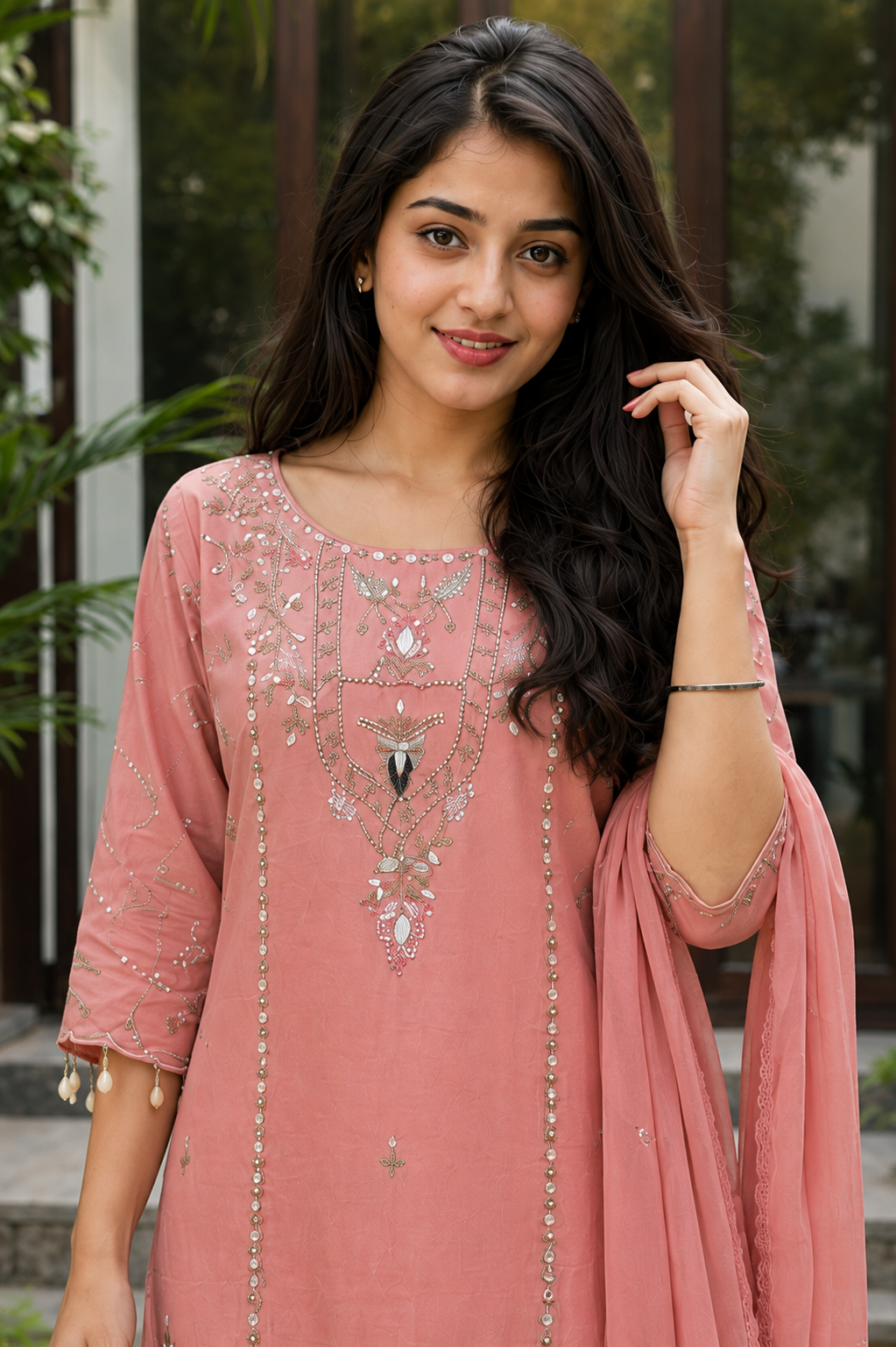Pink Mul Chanderi Embroidered Kurta and Pant With Dupatta