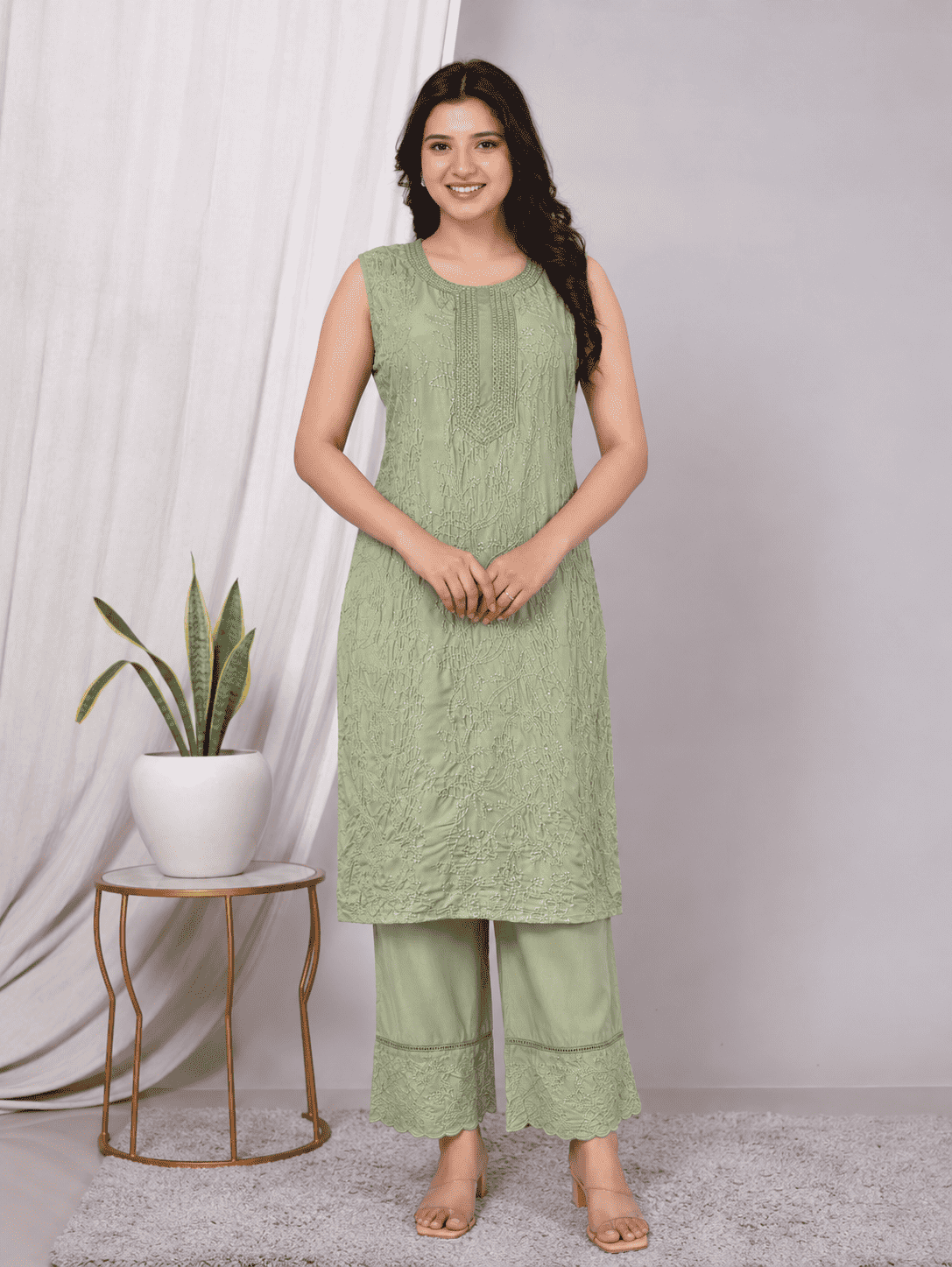Sage Green Embroidered Viscose Kurta Pant Set