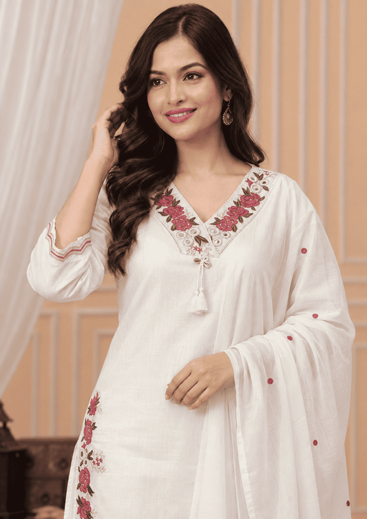 White Emboridered Cotton Blend Kurta Pant and Dupatta