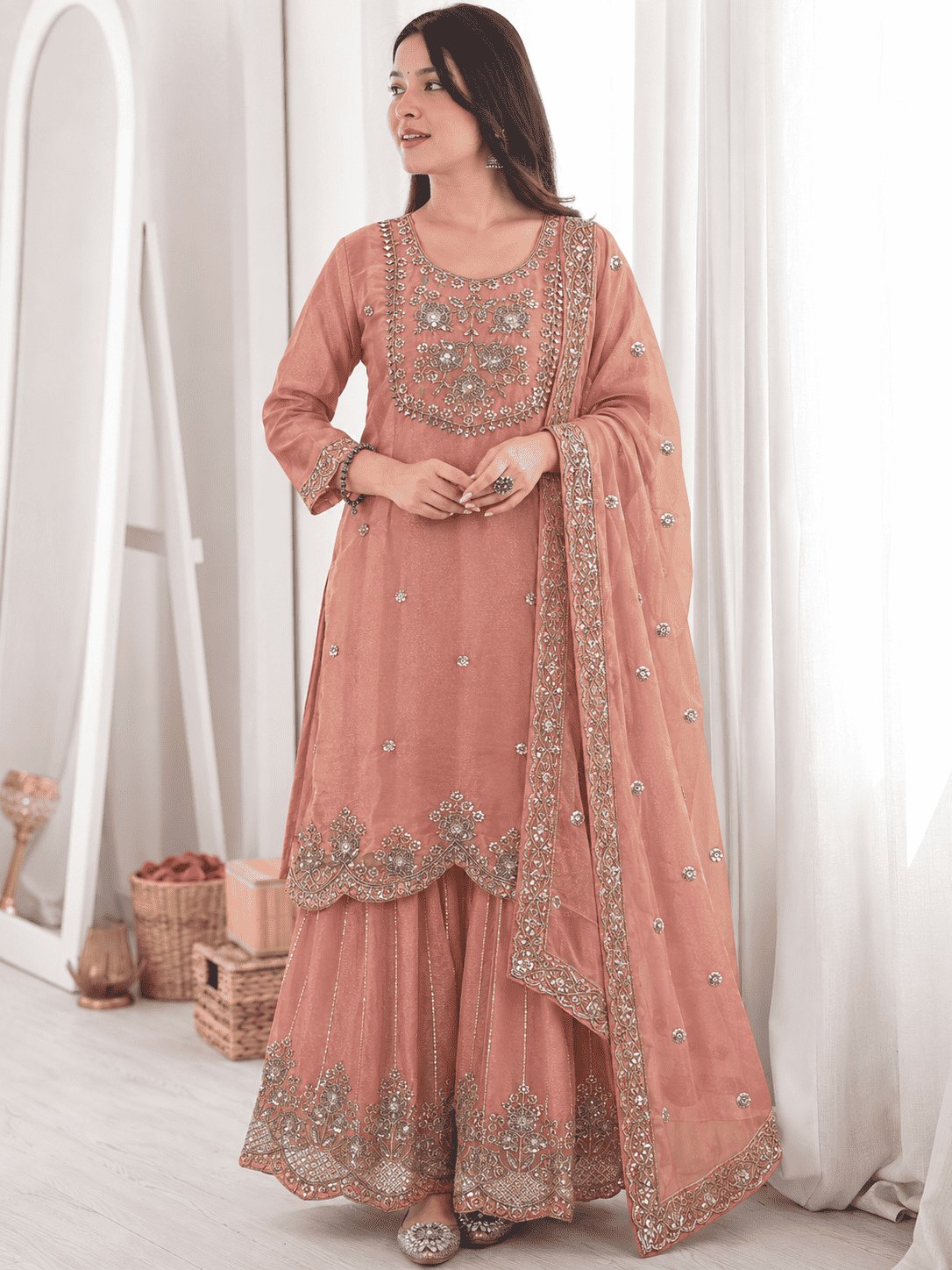 Peach Embroidered Shantoon Kurta Pant and Dupatta