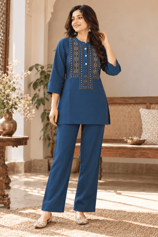 Teal Blue Embroidered Rayon Kurta Pant Set