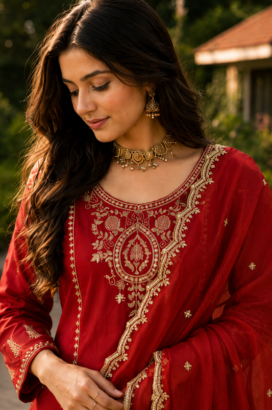 Rust Red Silk Blend Embroidered Kurta and Pant with Dupatta