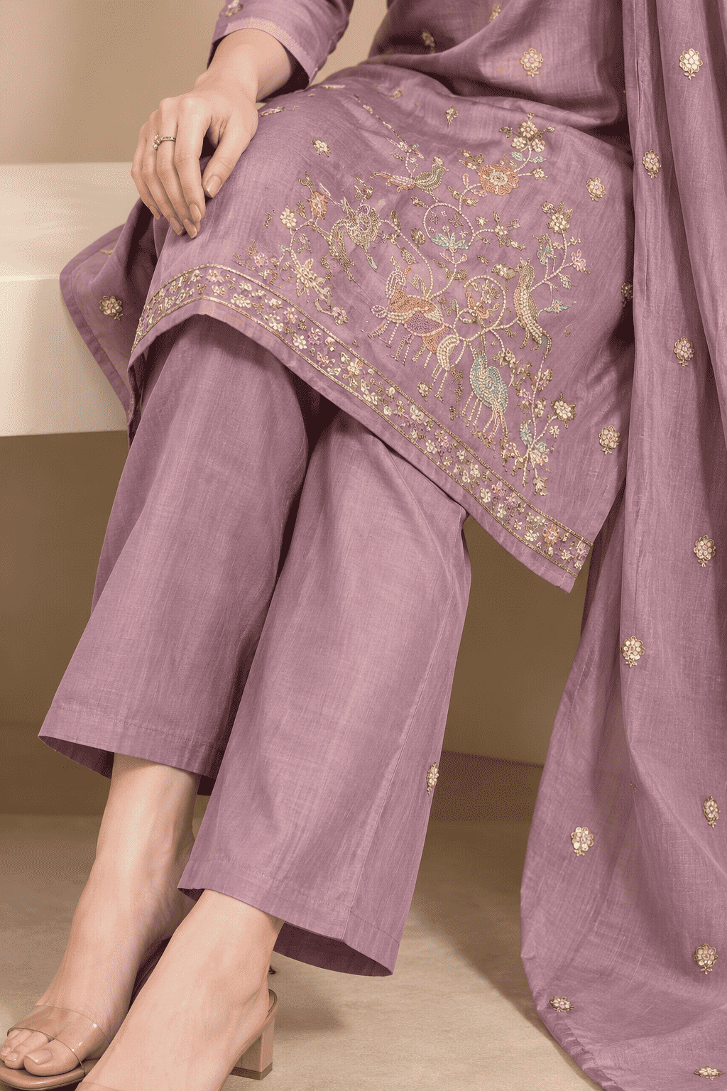 Lavender Embroidered Silk Blend Kurta Pant and Dupatta