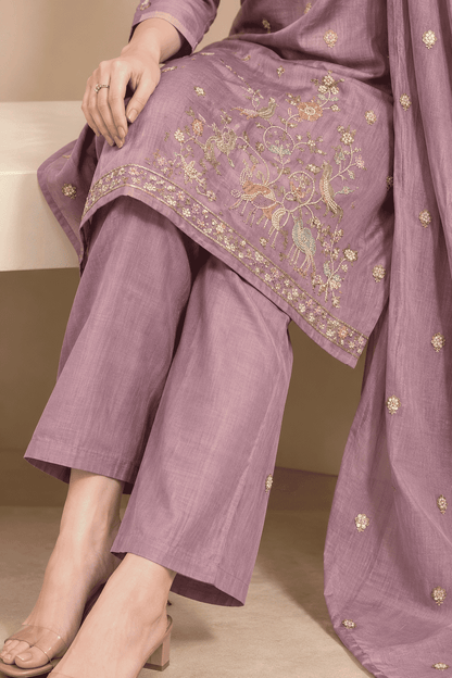 Lavender Embroidered Silk Blend Kurta Pant and Dupatta