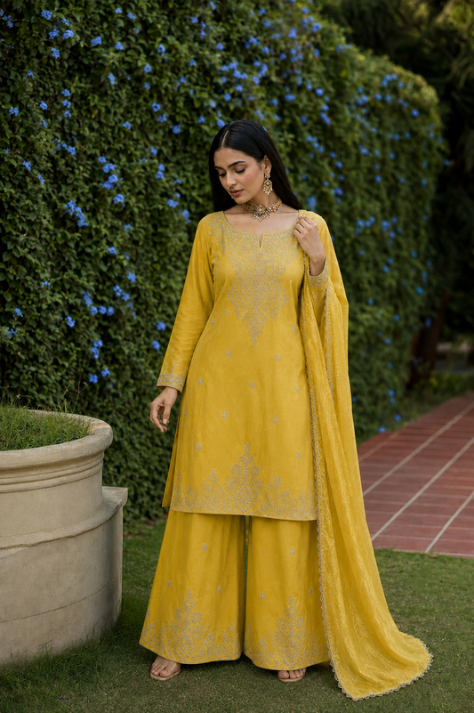 Yellow Silk Blend Embroidered Kurta and Palazzo with Dupatta